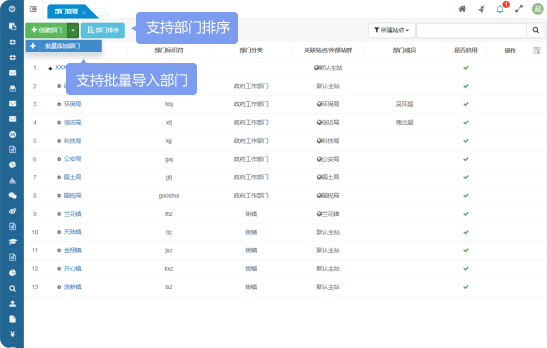 支持批量导入部门、支持部门排序